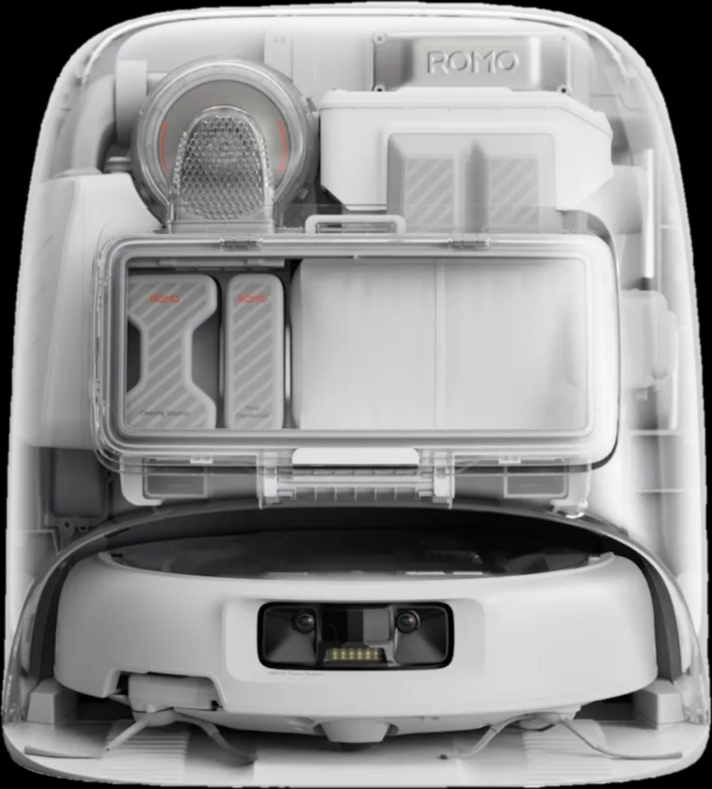 DJI Romo P robot vacuum inside its transparent base station